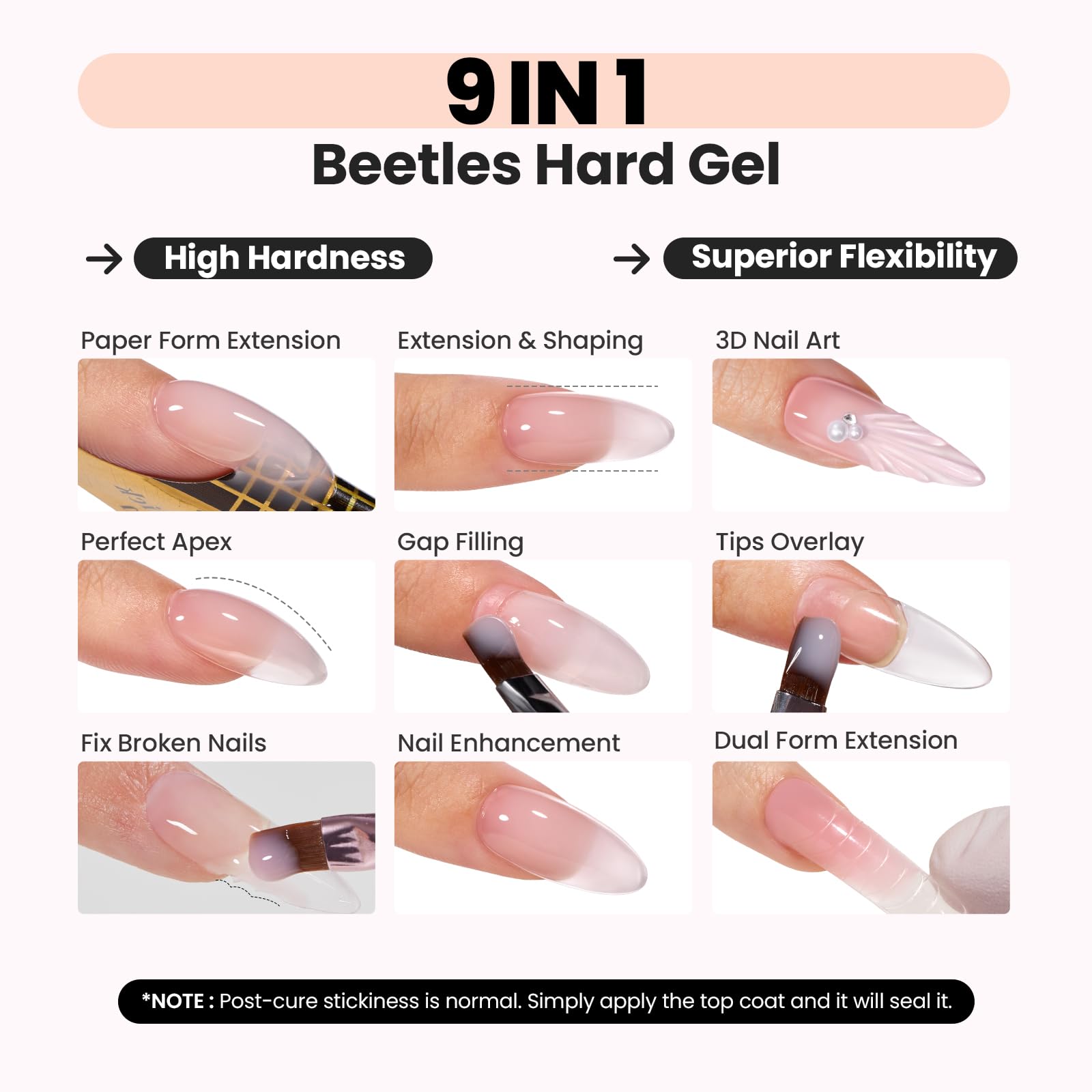 Beetles Gel Dur brillance haute, fini professionnel et durable sur les ongles.