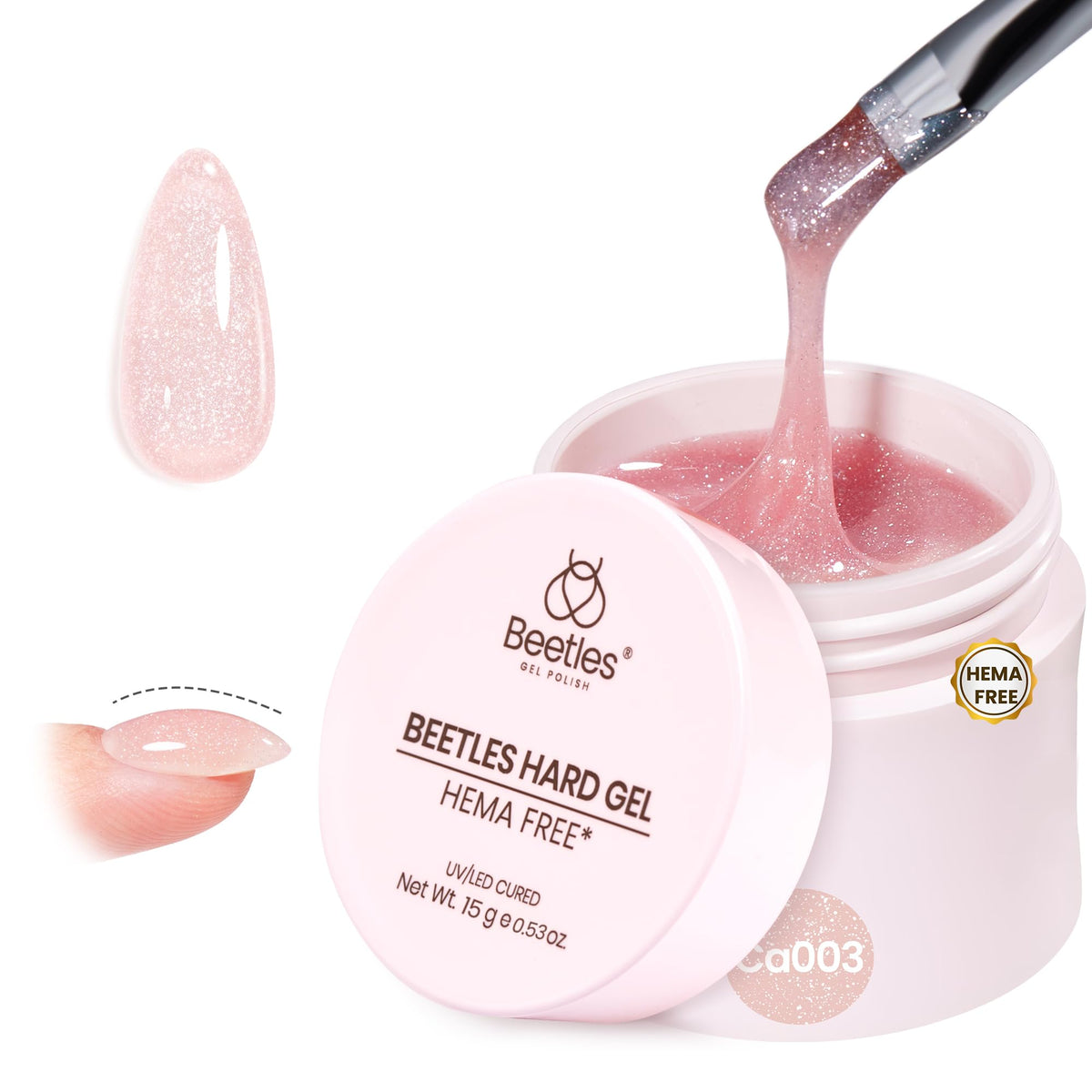 Beetles Gel Dur sans HEMA, bouteille rose pailletée prête à l’emploi pour ongles festifs.