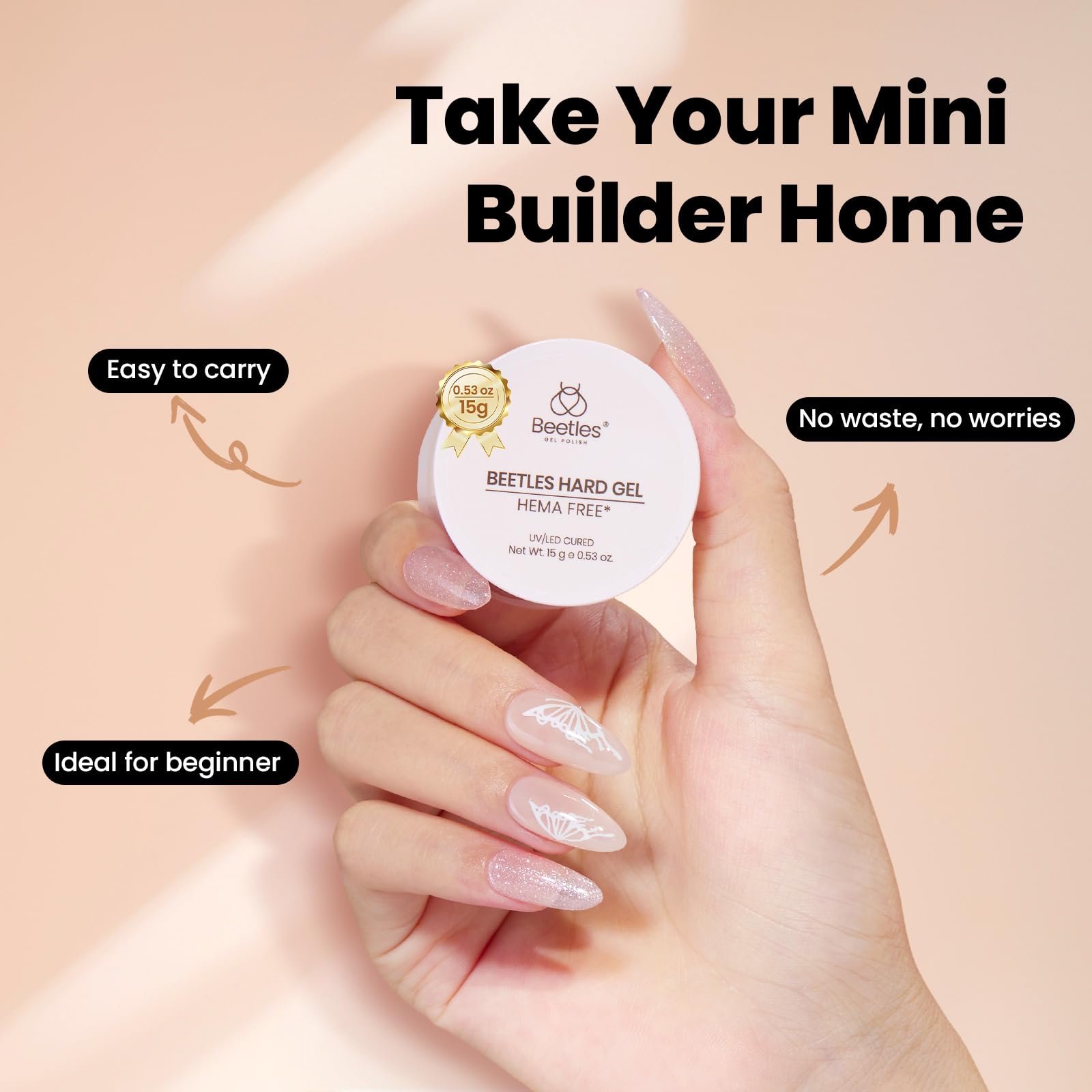 Beetles Gel Dur sans HEMA, formule douce adaptée aux ongles sensibles.