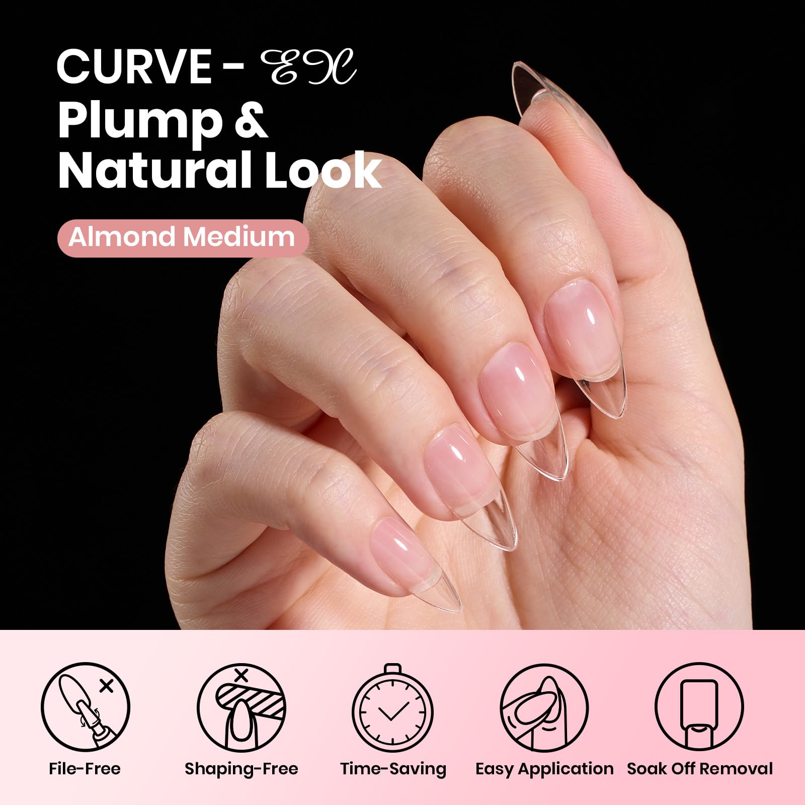 Beetles Gel: extensions amande Curve-EX PMMA doux et confortable.