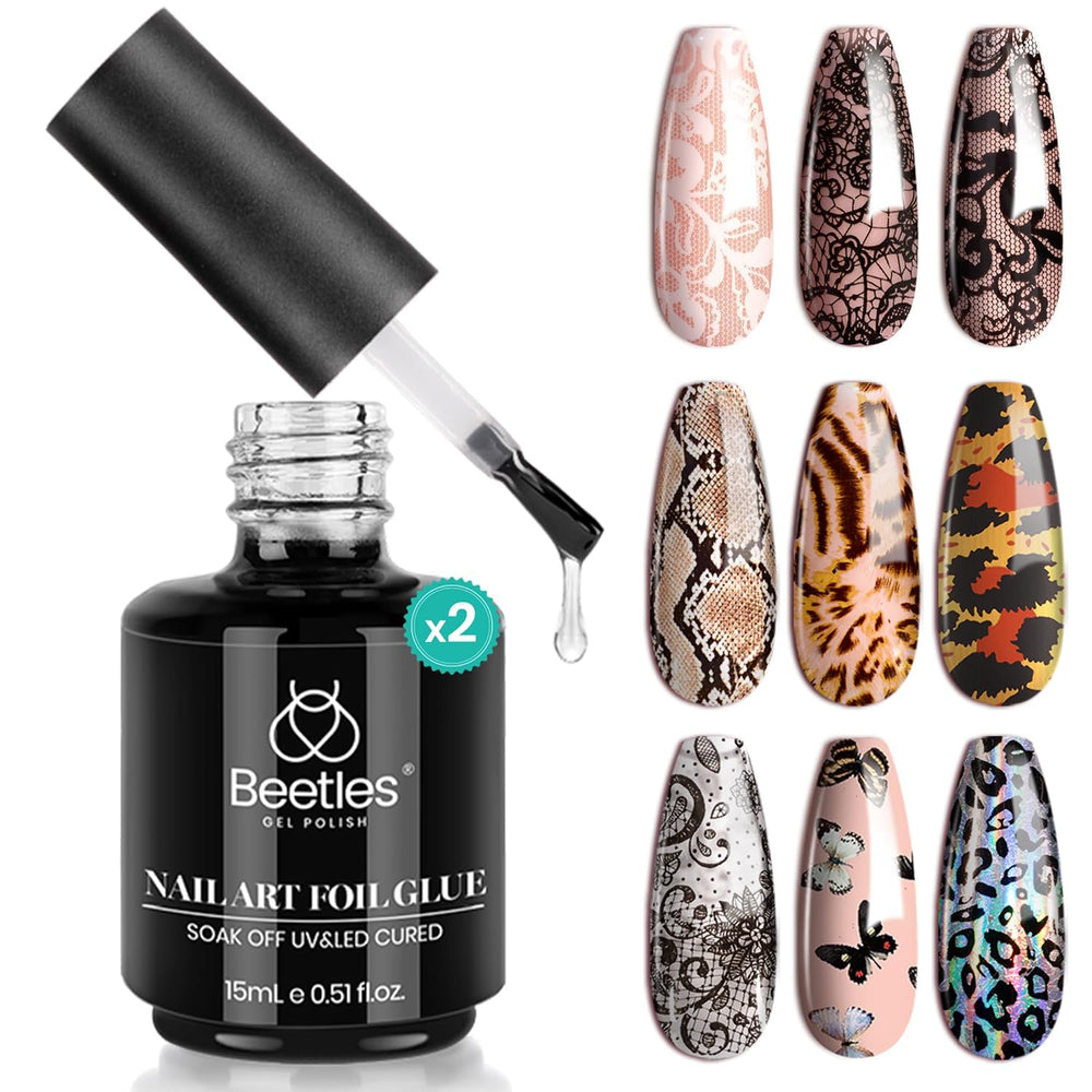 Beetles Gel Foil: deux bouteilles 15 ml pour transferts précis sur les ongles.