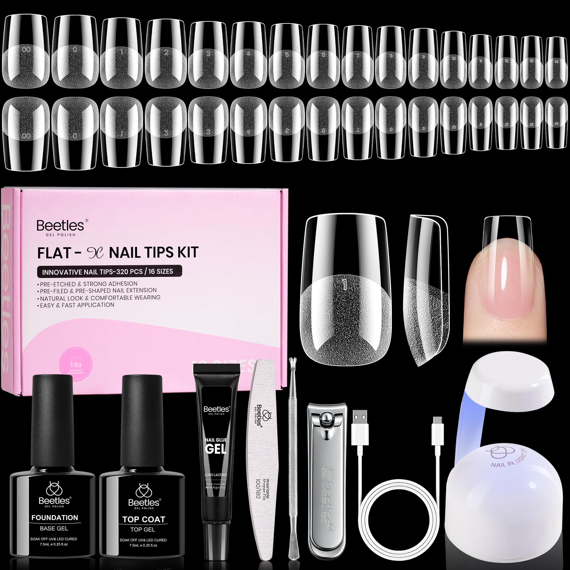 Beetles Gel Nail Kit Flat-X : embouts carré court pour une pose nette et durable