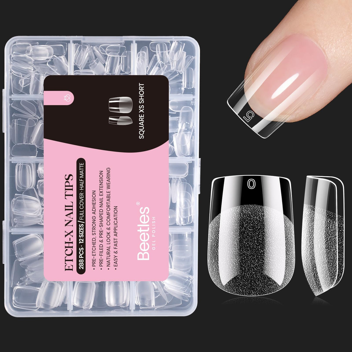 Beetles Gel Nail Tips 288-piece pack for quick, natural-looking extensions.