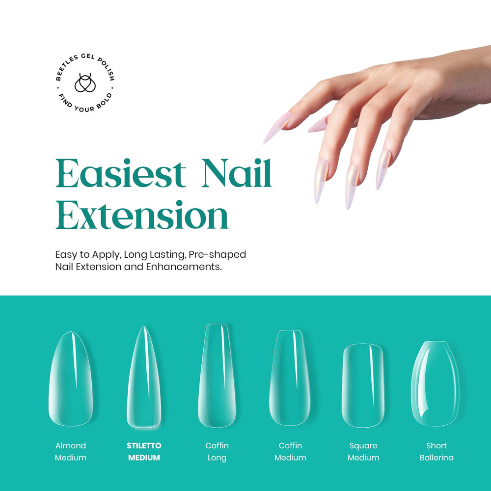 Beetles Gel Nail Tips clair, forme stiletto preforme pour application facile.