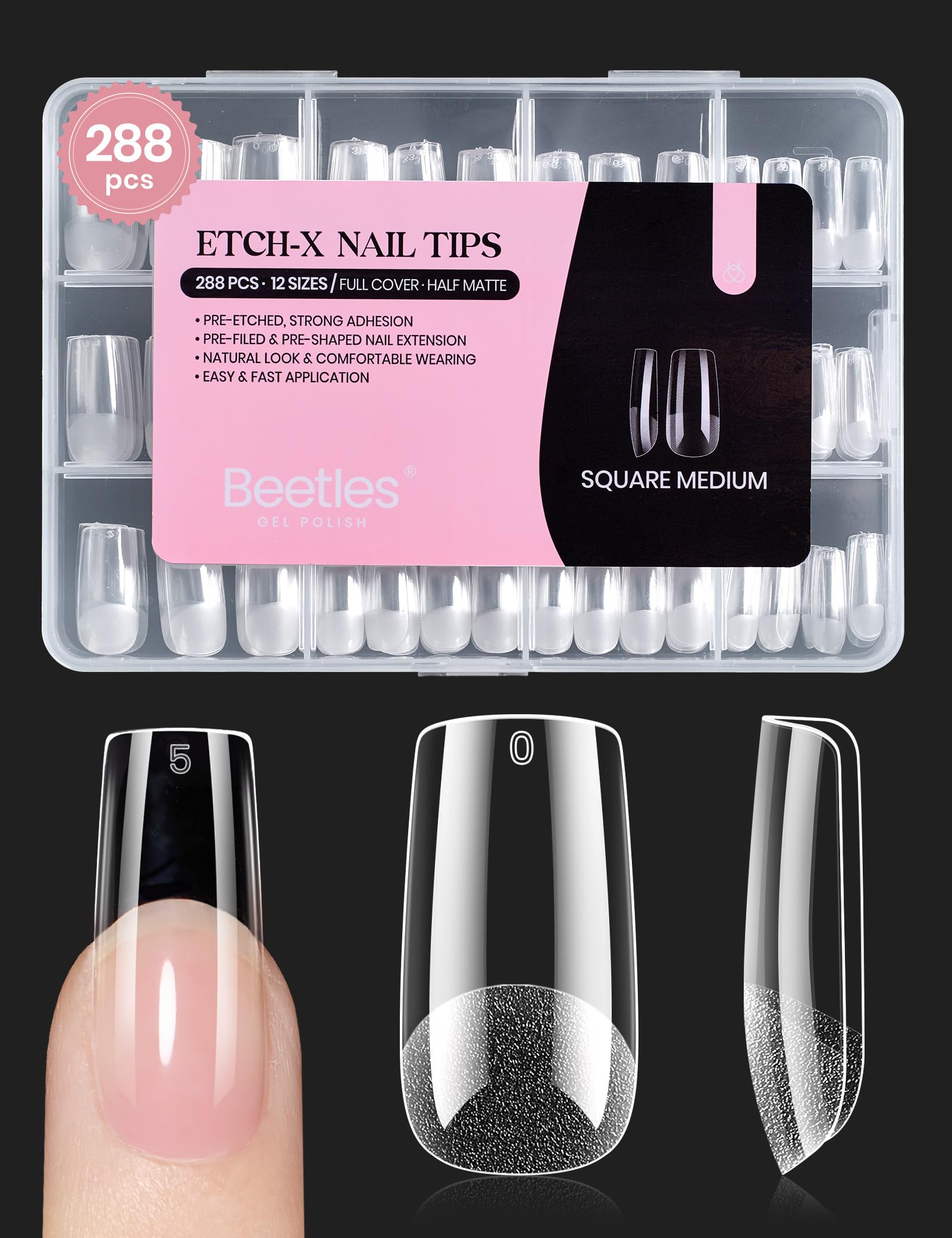 Beetles Gel Nail Tips Etch-X carrés moyens; ensemble 288 pièces pour extensions faciles.