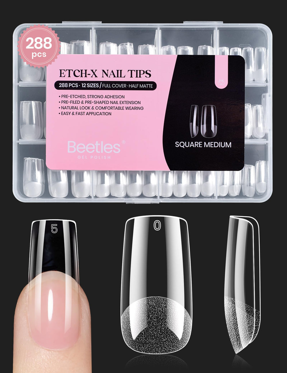 Beetles Gel Nail Tips Etch-X carrés moyens; ensemble 288 pièces pour extensions faciles.