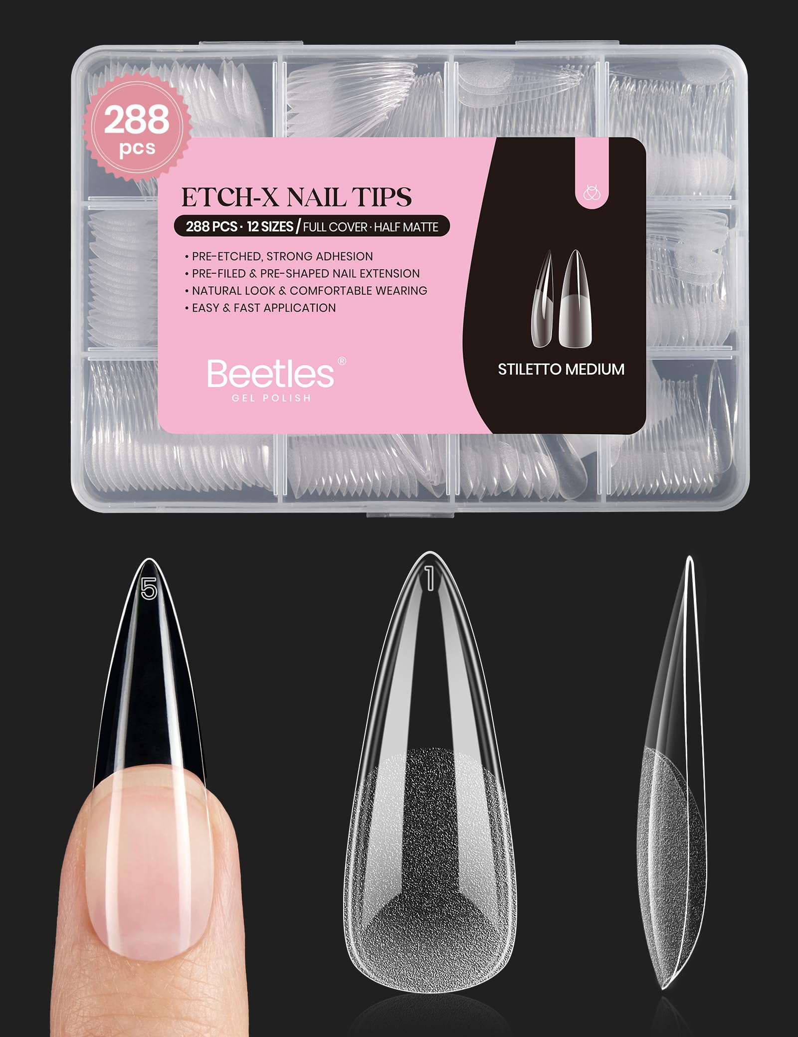 Beetles Gel Tips Etch-X stiletto medium—durable 288-piece kit for easy DIY nails