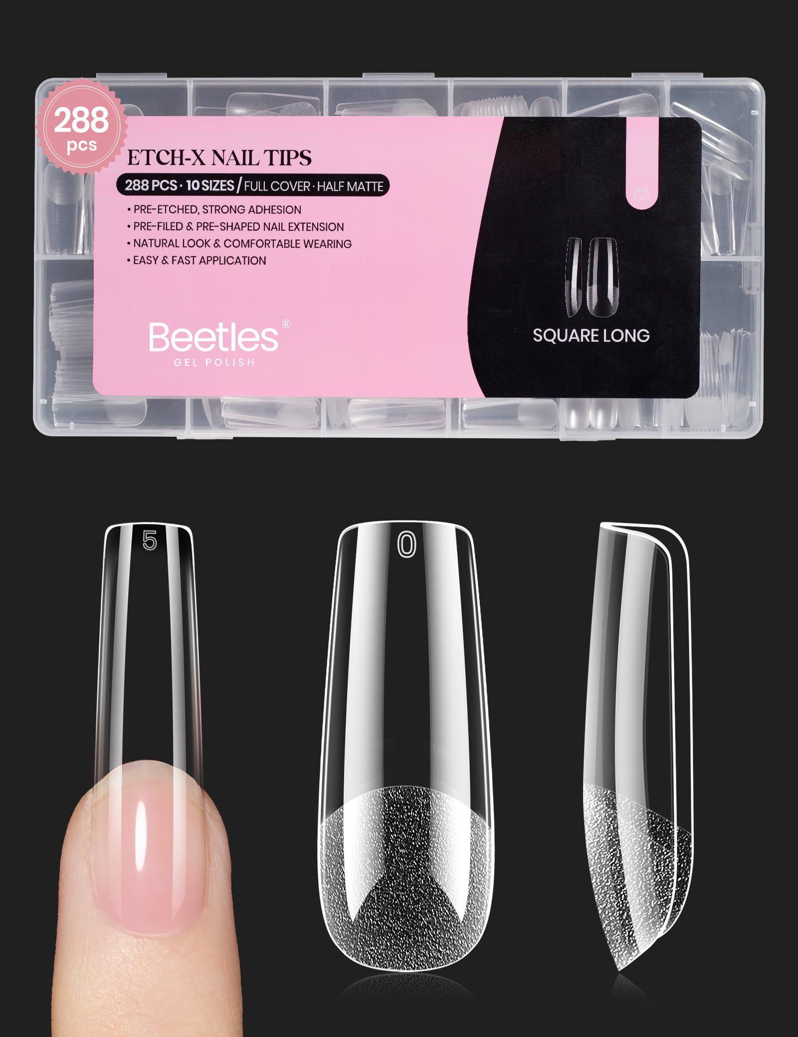 Beetles Gel Nail Tips longues et carrées, ensemble 288 pièces pour extensions durables.