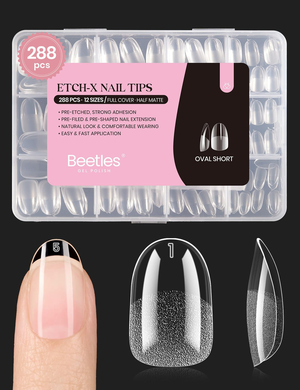Beetles Gel Nail Tips short oval pack shows convenient packaging for 288 tips for home DIY nails.