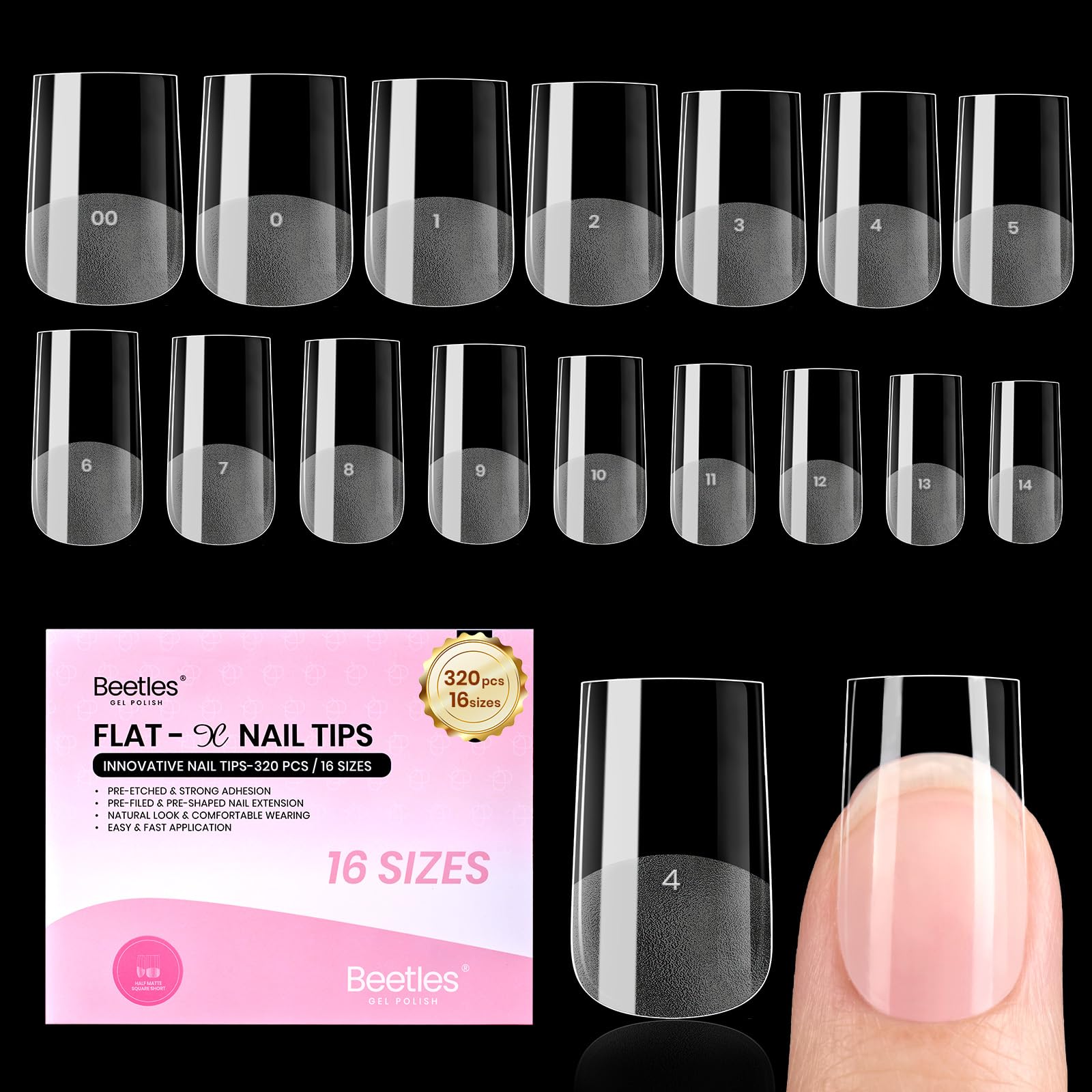 Beetles Gel Nail Tips Carrés Courts, paquet 320 pièces, 16 tailles, pratique pour bricolage à domicile.