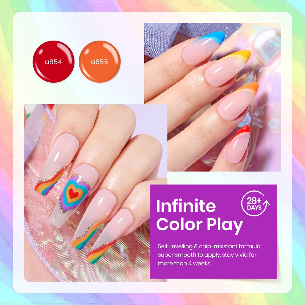 Beetles Gel Polish Arc-en-Ciel: finition lumineuse et tenue potentielle sur les ongles.