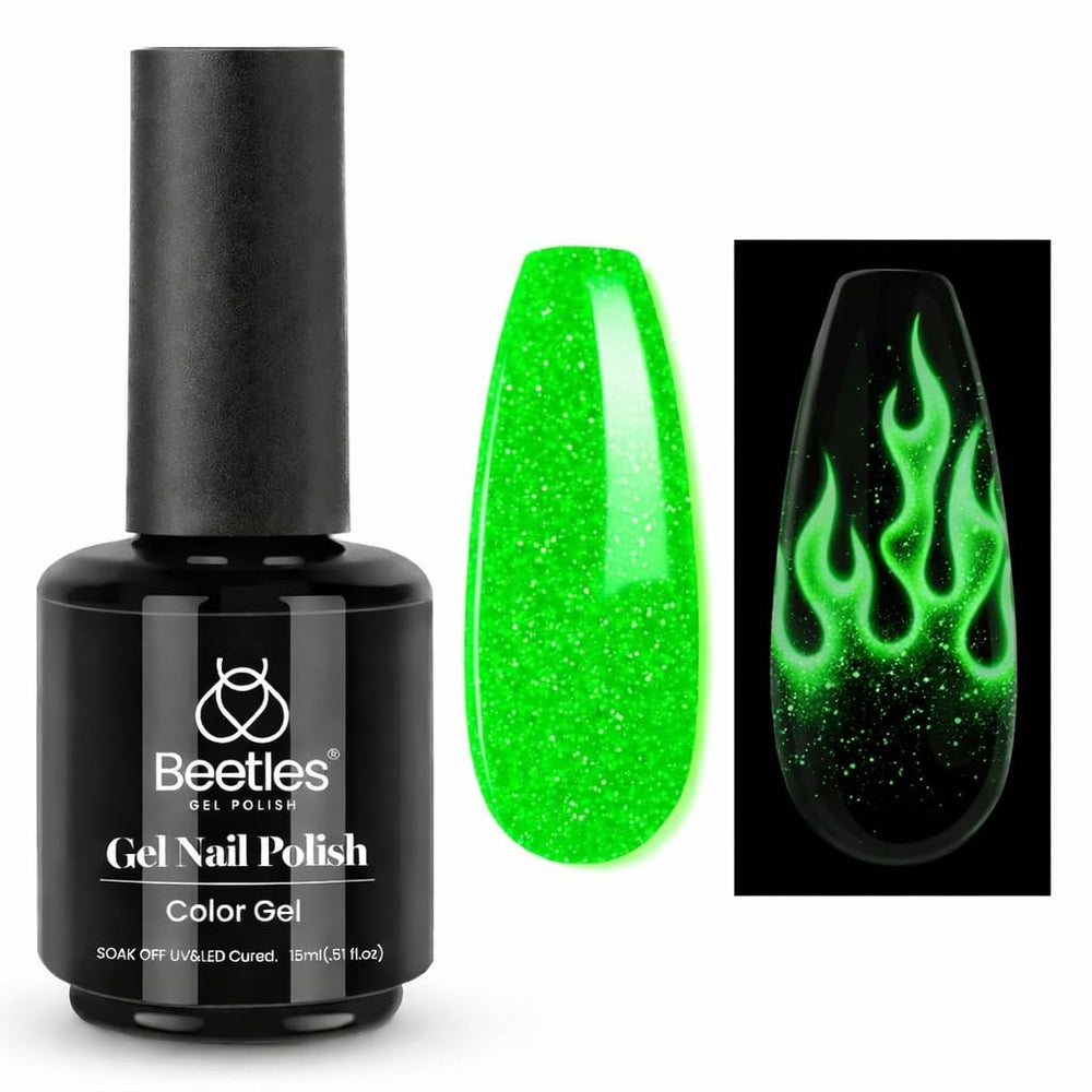 Beetles Vernis Gel Noël vert lumineux, parfaite pour une manucure festive et réactive à l’obscurité.