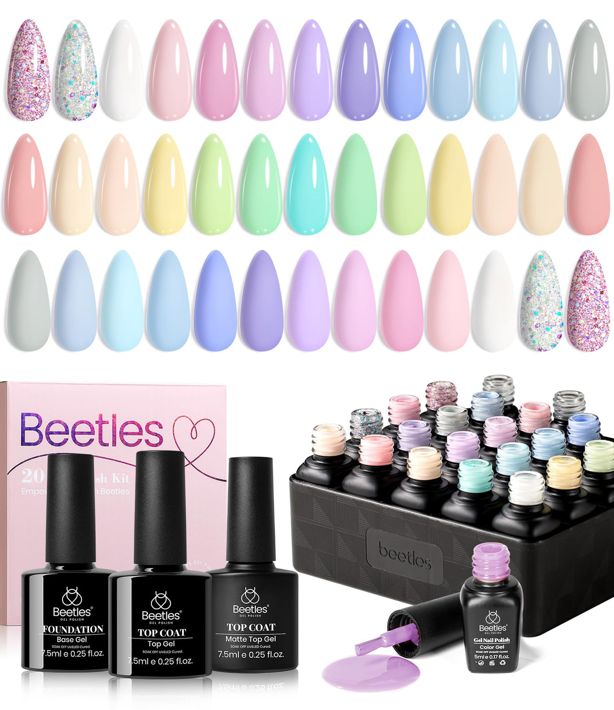 Beetles Gel Polish: flacons couleurs macaroon pour manucure tendance et durable.