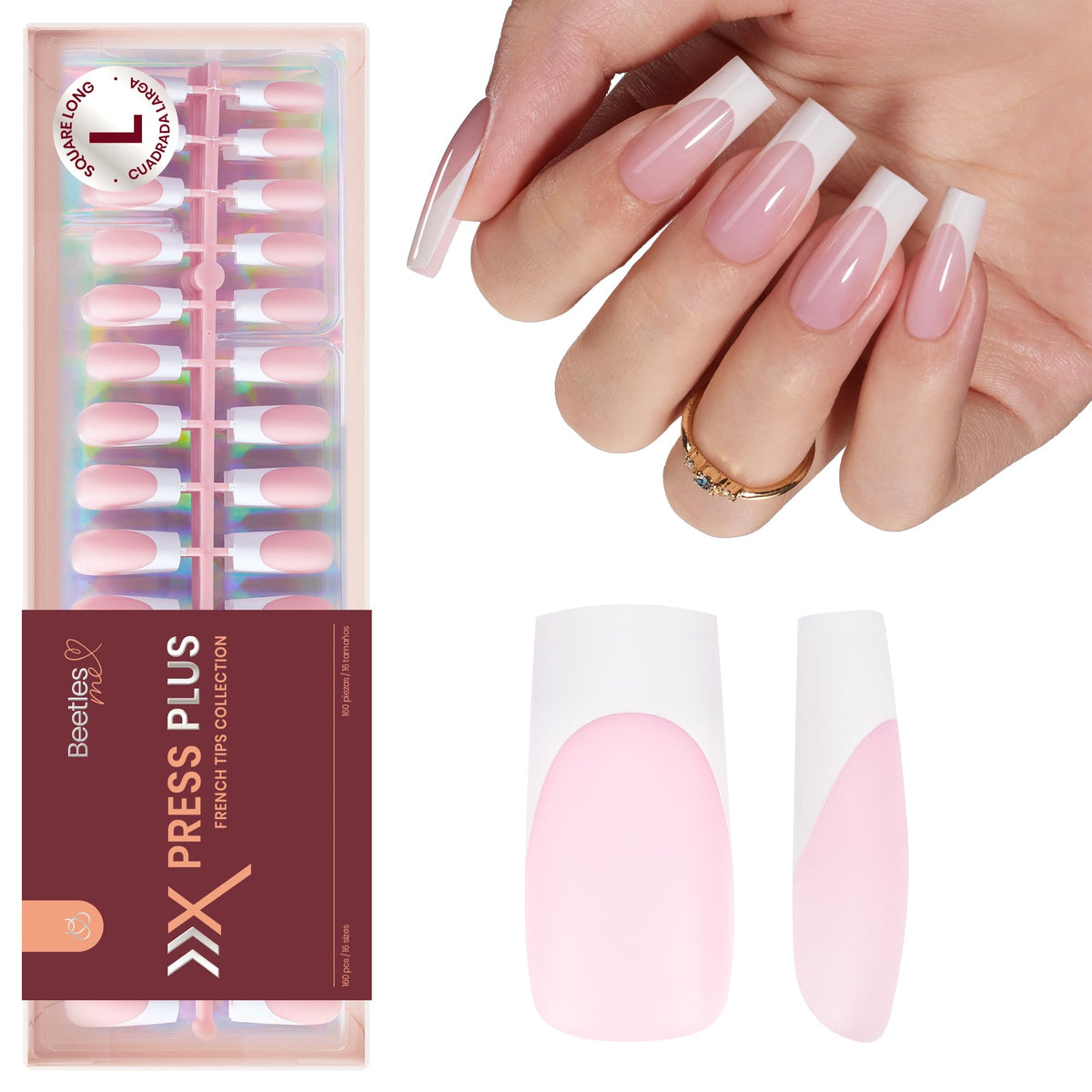 Beetles Gel Polish – embouts à pointe française longue et carrée pour une application nette.