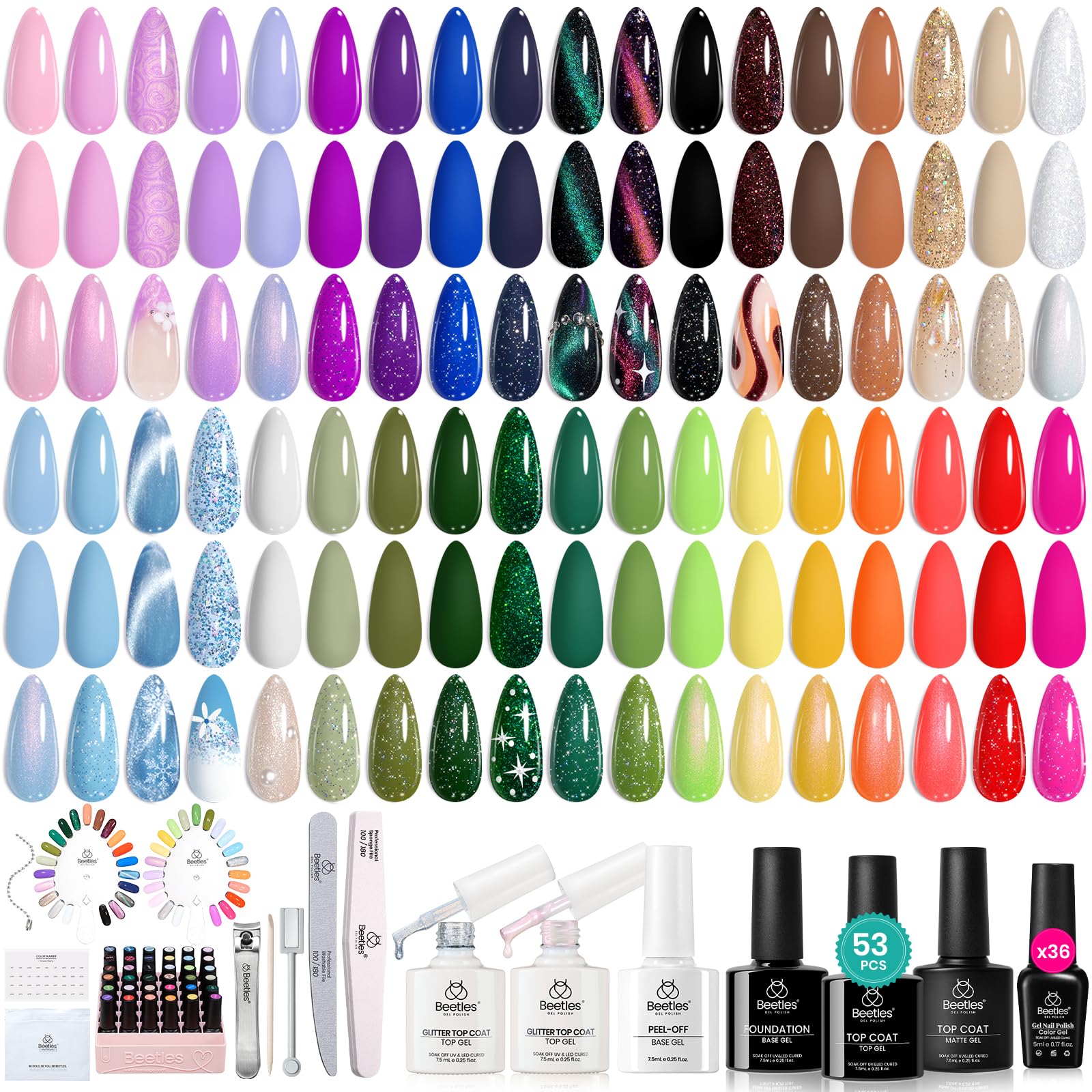 Beetles Gel Polish Kit: 36 couleurs variées pour des looks quotidiens durables.