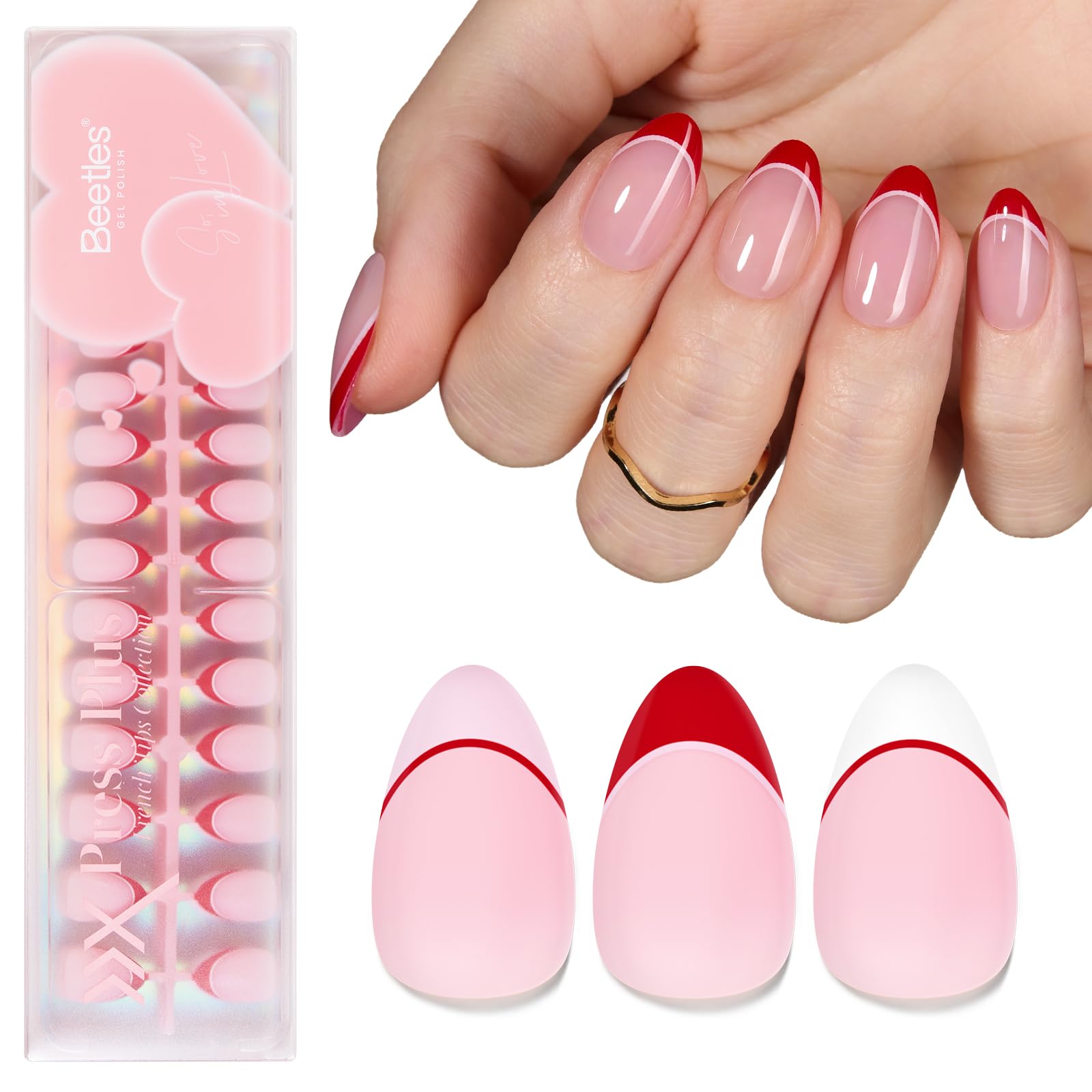 Beetles Gel Polish — onglets valentines rouge almond-tip, look élégant et rapide à obtenir soi-même.