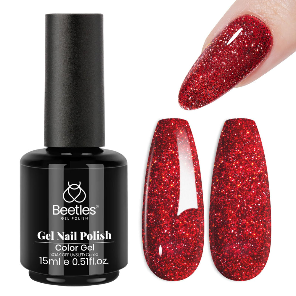 Beetles Gel Polish rouge pailleté sur bouteille, fini festif et durable