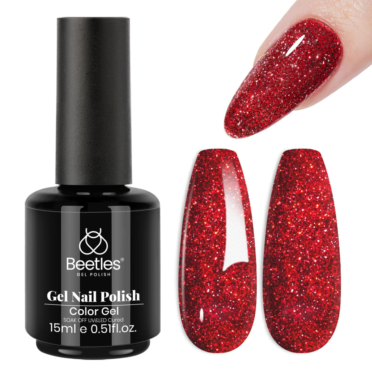 Beetles Gel Polish rouge pailleté sur bouteille, fini festif et durable