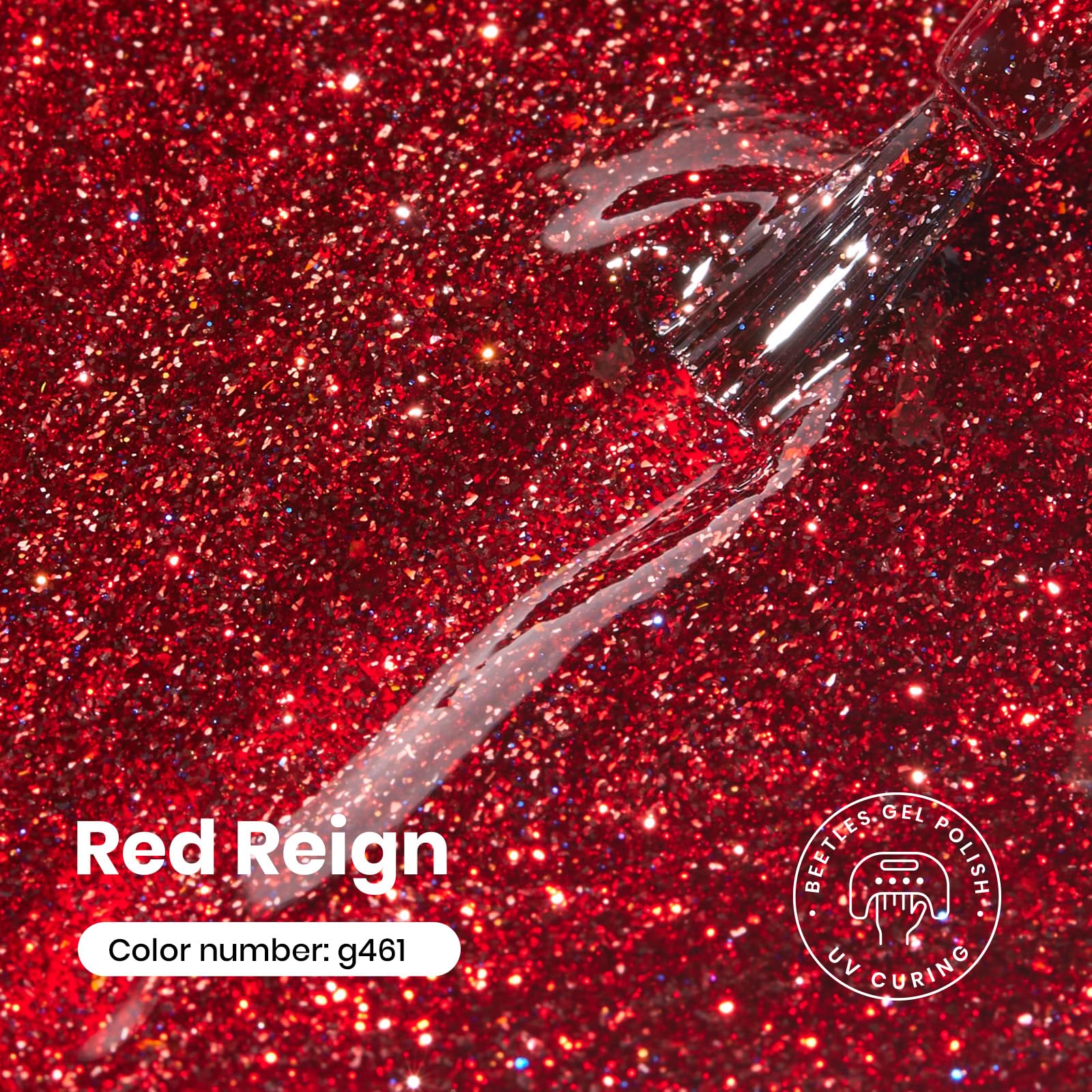 Beetles Gel Polish rouge pailleté sur ongle, finition lustrée