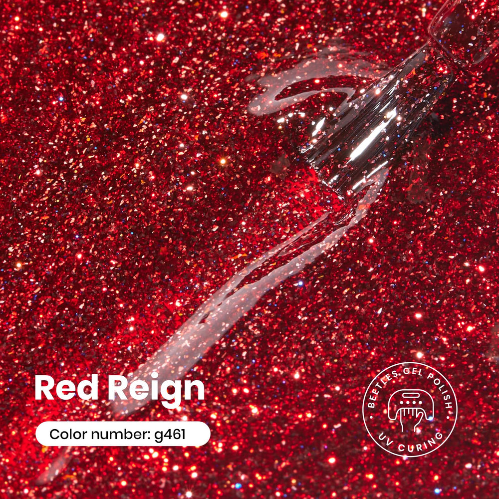 Beetles Gel Polish rouge pailleté sur ongle, finition lustrée