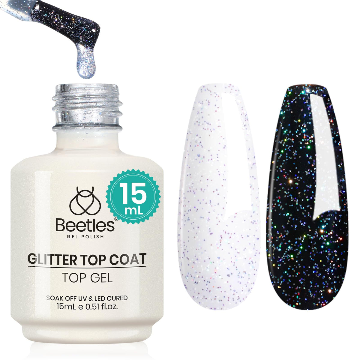 Beetles Gel Polish Top Coat paillette argent pour un éclat durable.