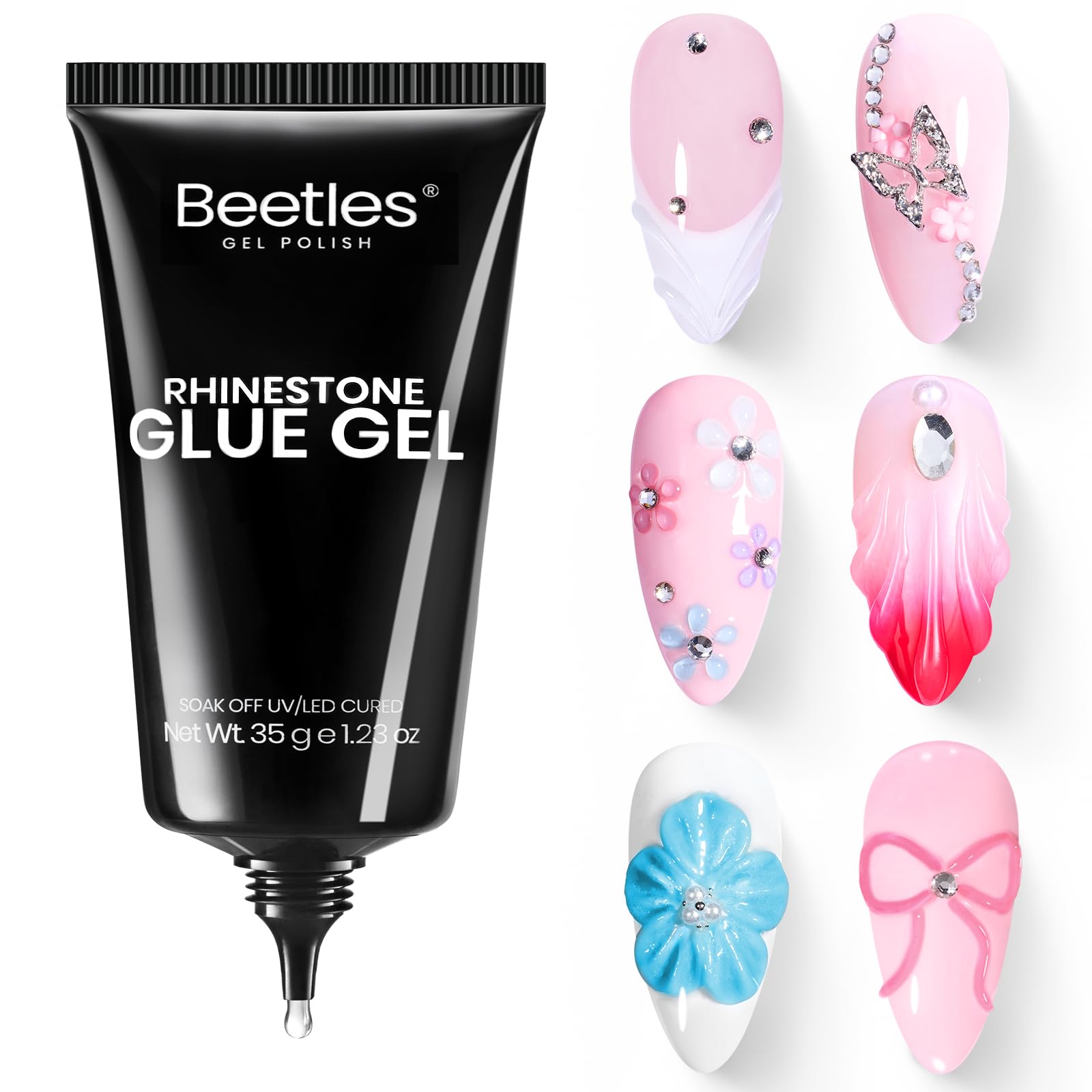 Gel Beetles Rhinestone Glue, application nette pour pierres et strass sur ongles.