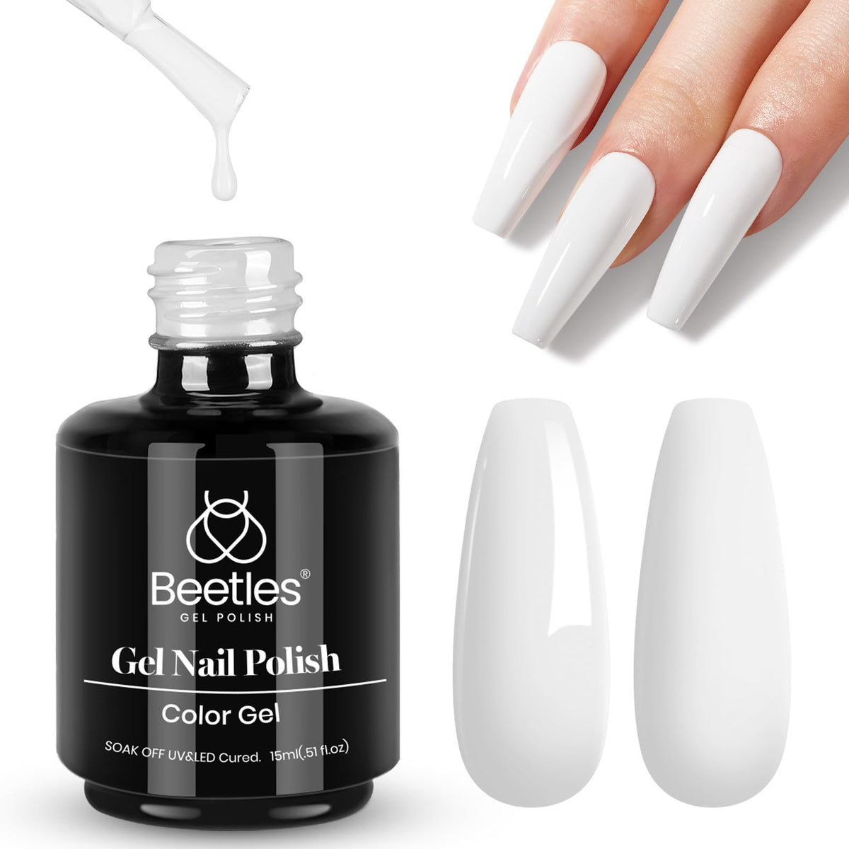 Beetles Gel Blanc, bouteille gros plan, vernis durable et brillant.