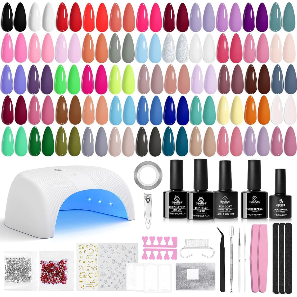 Beetles Gel Polish Kit avec palettes de couleurs éclatantes pour styles variés à domicile.