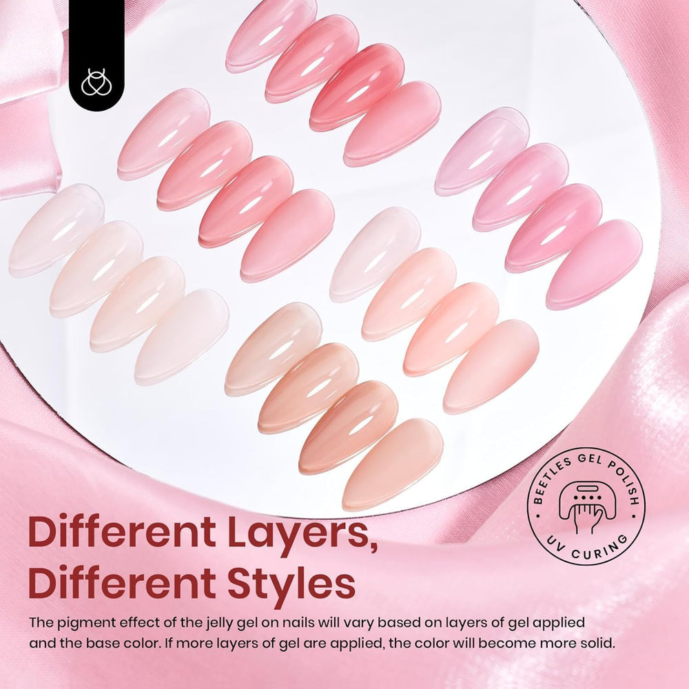 Beetles Gel Polish nude pink jelly pour couches translucides et finitions naturelles.