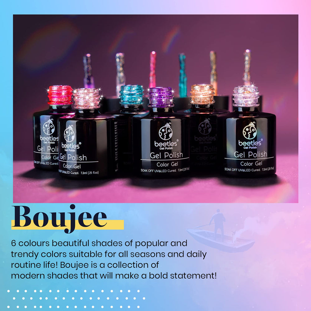 Beetles Glitter Gel Polish kit green-purple-gold glitter for vibrant nail designs.
