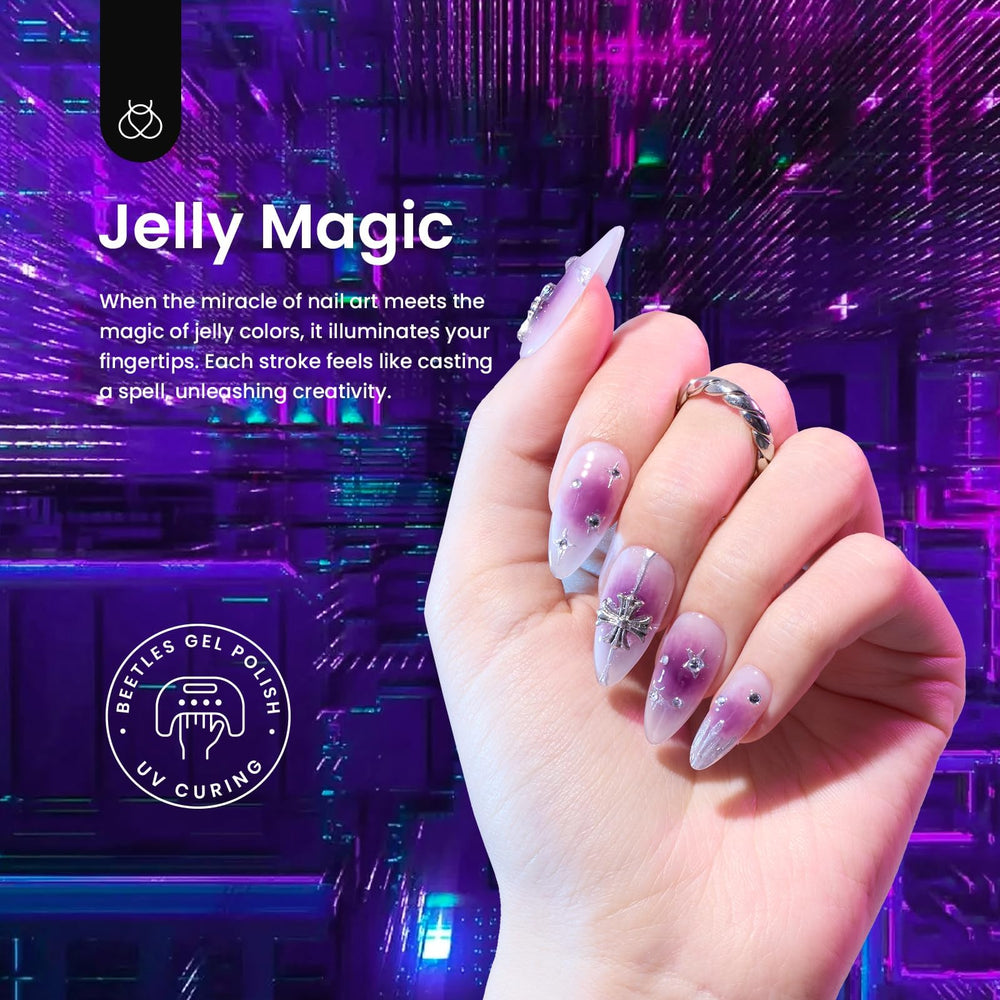 Beetles Jelly Gel Polish bouteille bleu translucide, vernis facile à poser et durable.