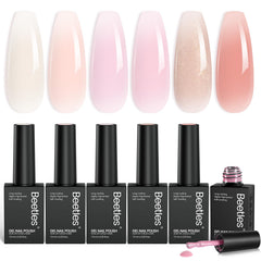 Beetles Jelly Gel Set offre une palette rose pêche neutre pour des ongles délicats.