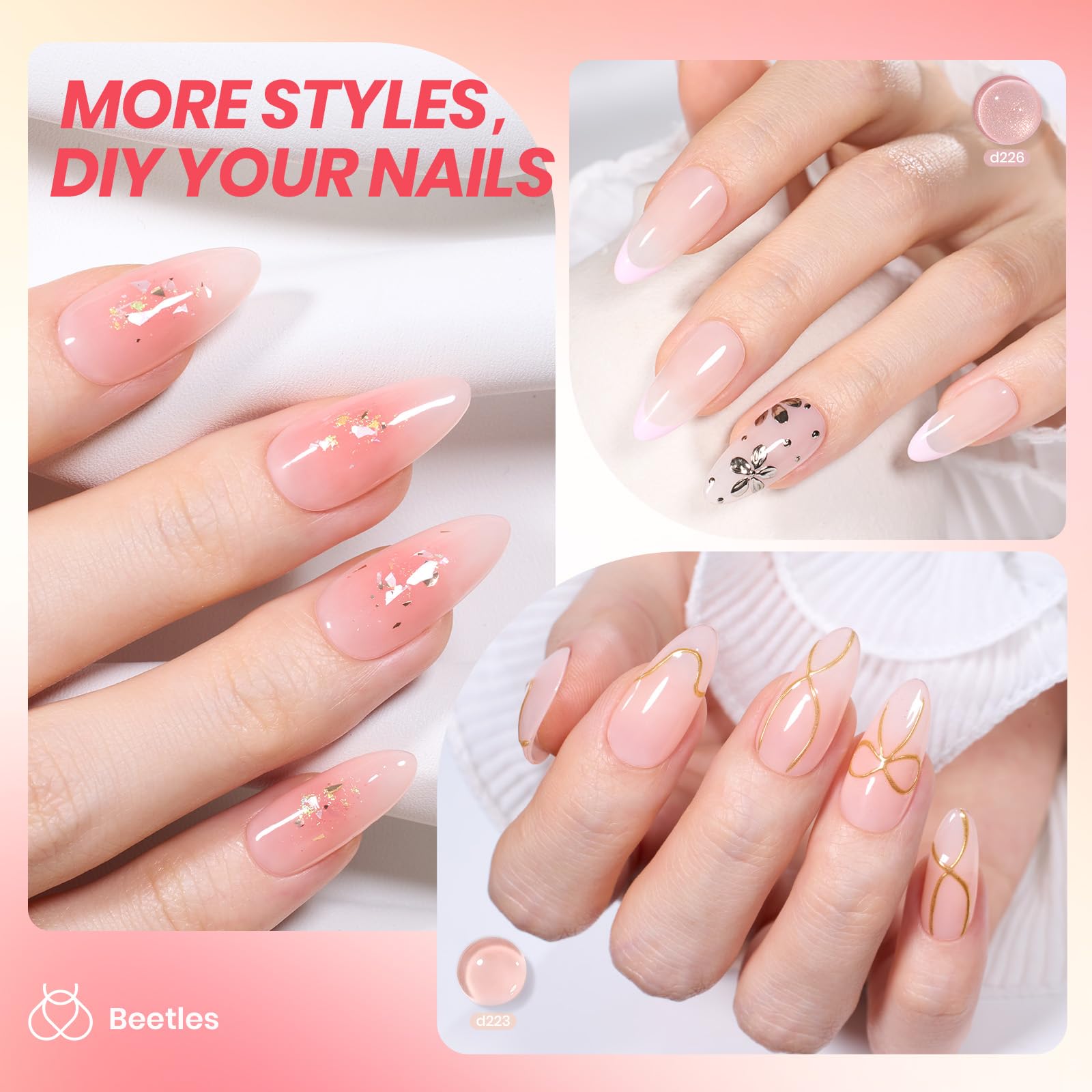 Beetles Jelly Gel vernis nude lueur pour une finition subtile et longue tenue.