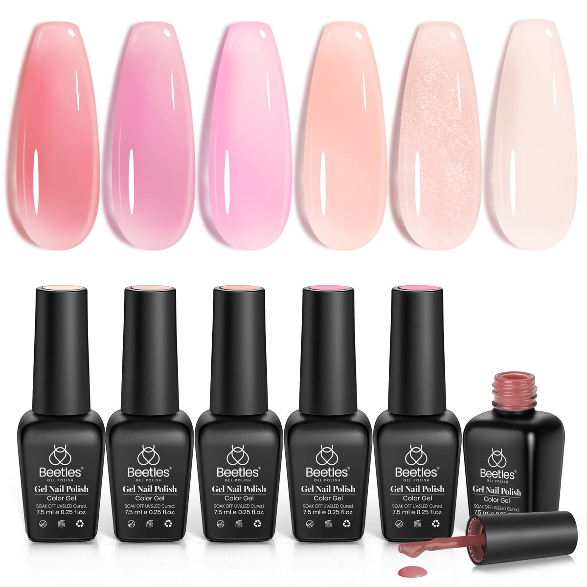 Beetles Jelly Gel vernis rose nu avec paillettes pour une manucure lumineuse.