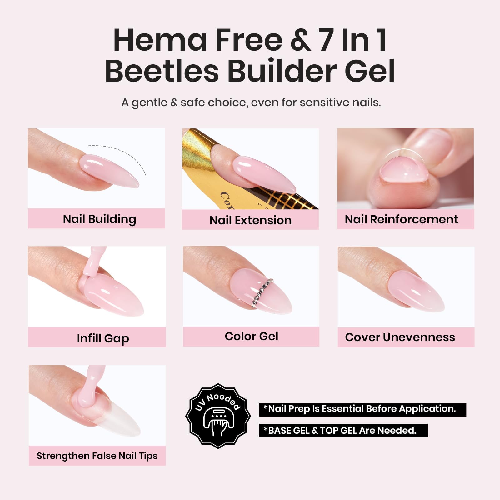 Kit Beetles 7 en 1 pour renforcement, extension et couleur des ongles.
