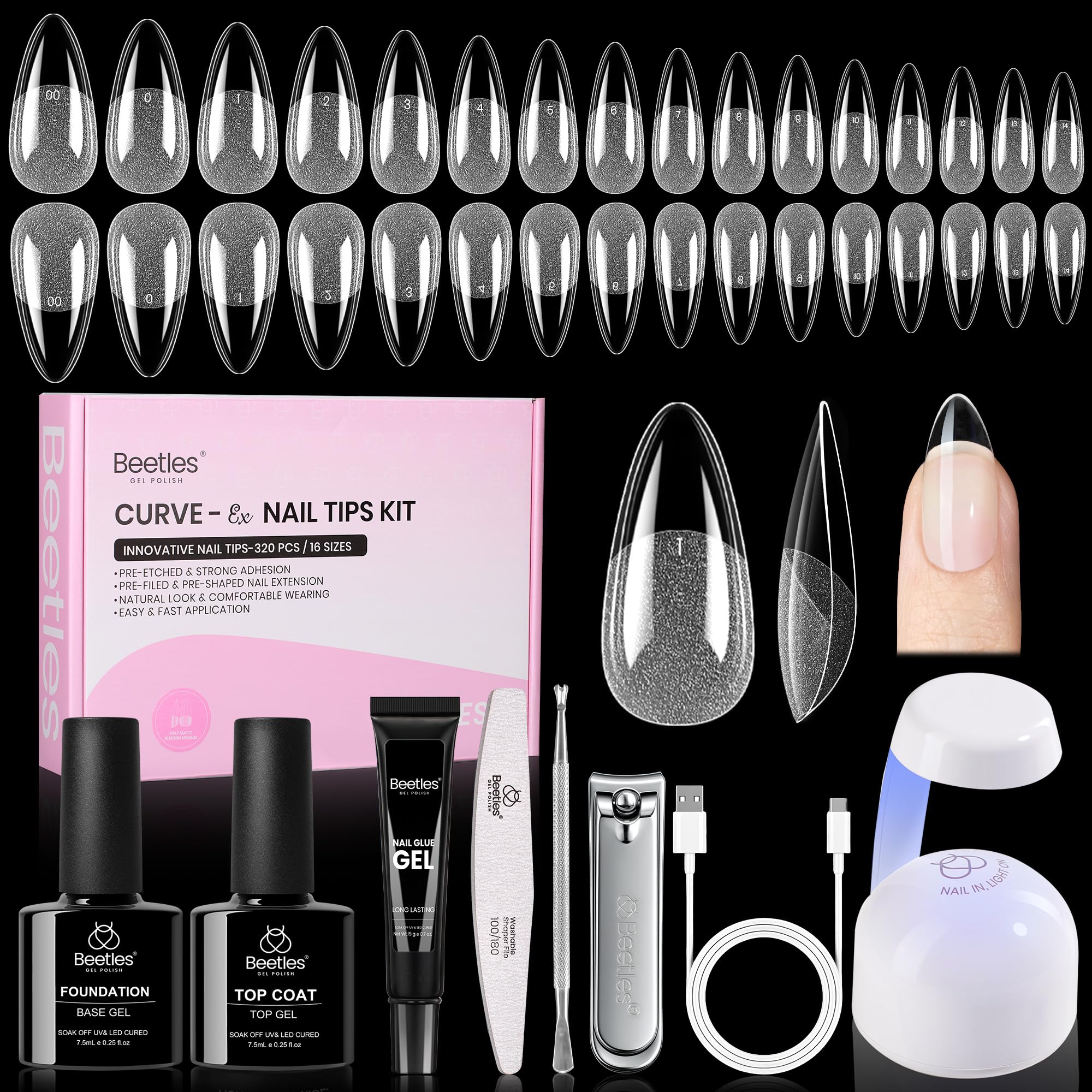 Beetles kit ongles Gel Curve-EX Amande Medium, 320 embouts pour ajustement précis.