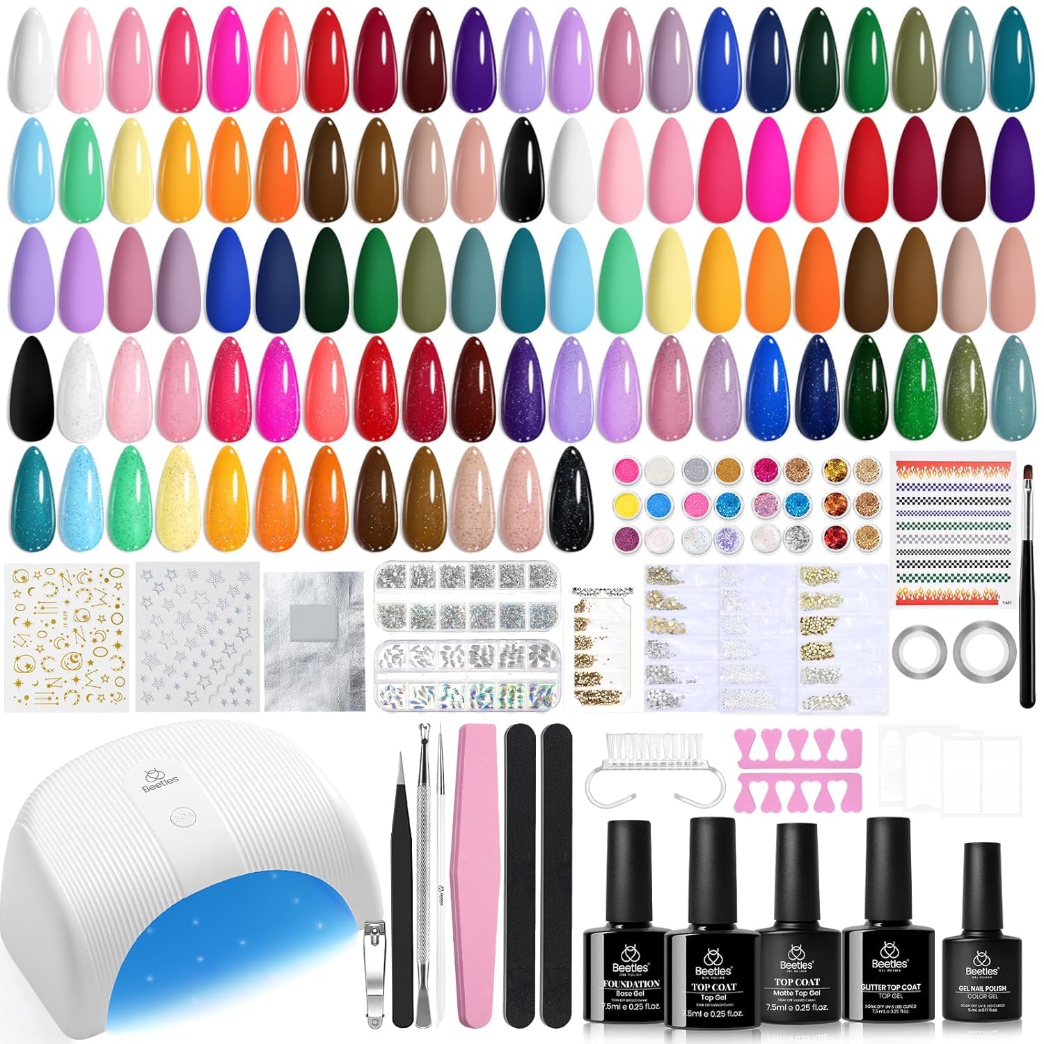 Beetles kit-vernis-gel-32-couleurs avec lampe UV pour des créations faciles à la maison.