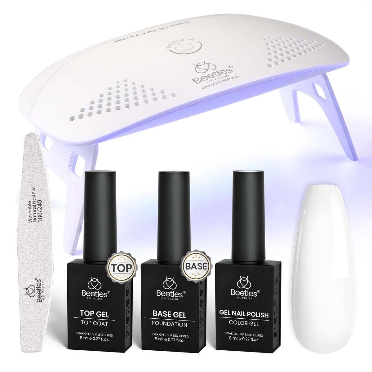Beetles kit vernis gel blanc avec lampe ultraviolet pour une manucure durable à domicile.
