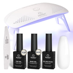 Beetles kit vernis gel blanc avec lampe ultraviolet pour une manucure durable à domicile.