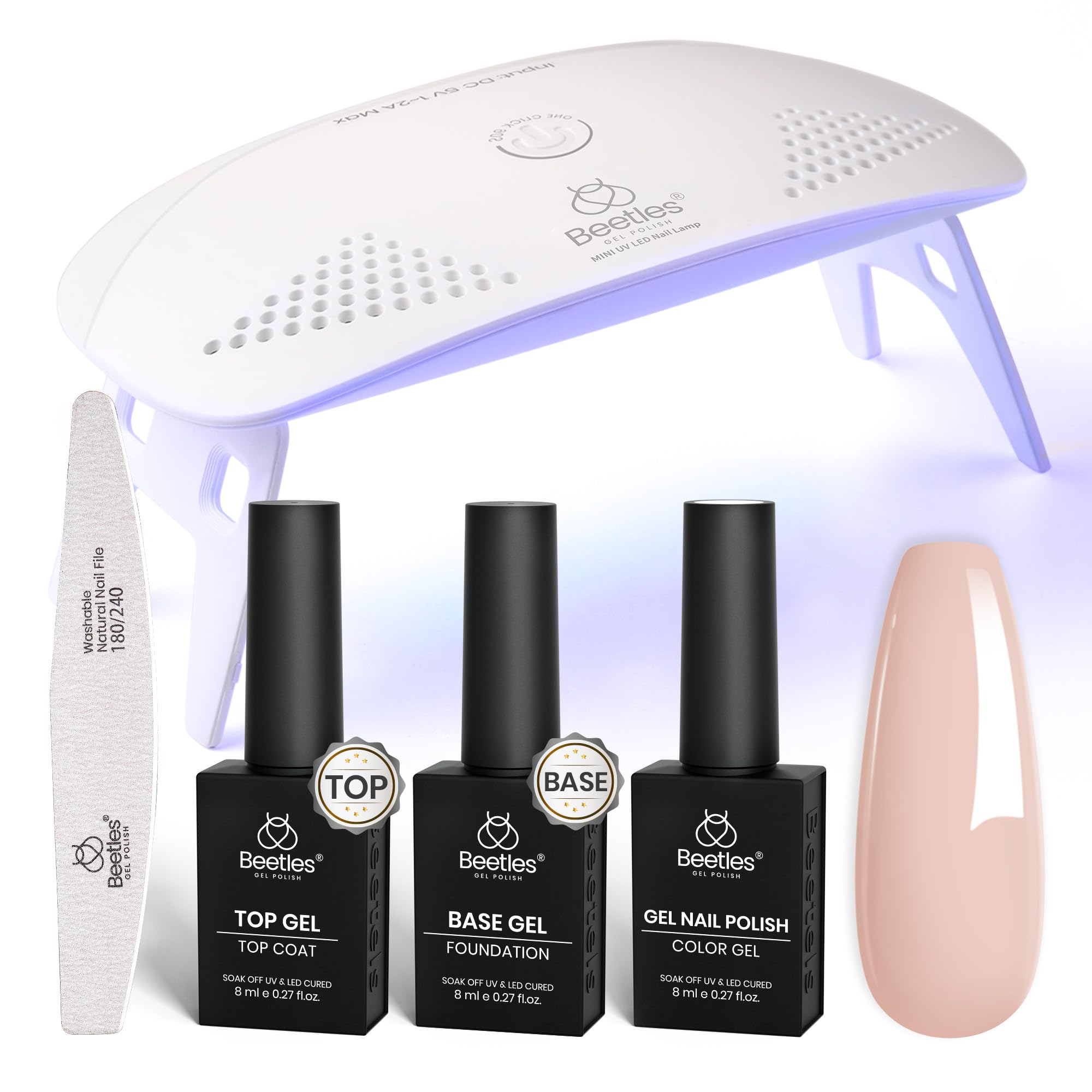 Beetles kit vernis gel nude avec lampe UV, pour une manucure maison pratique.