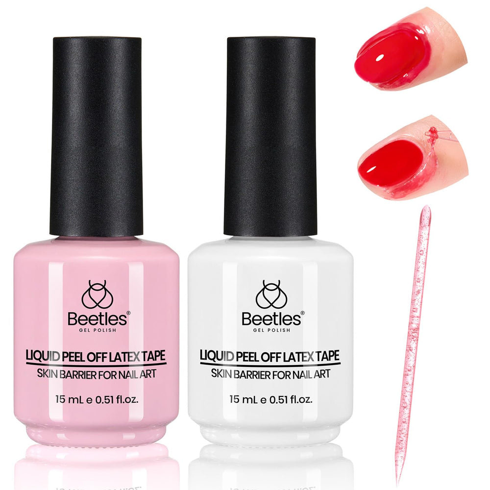 Beetles latex rose sur ongles avec barrière protectrice pour des contours nets.