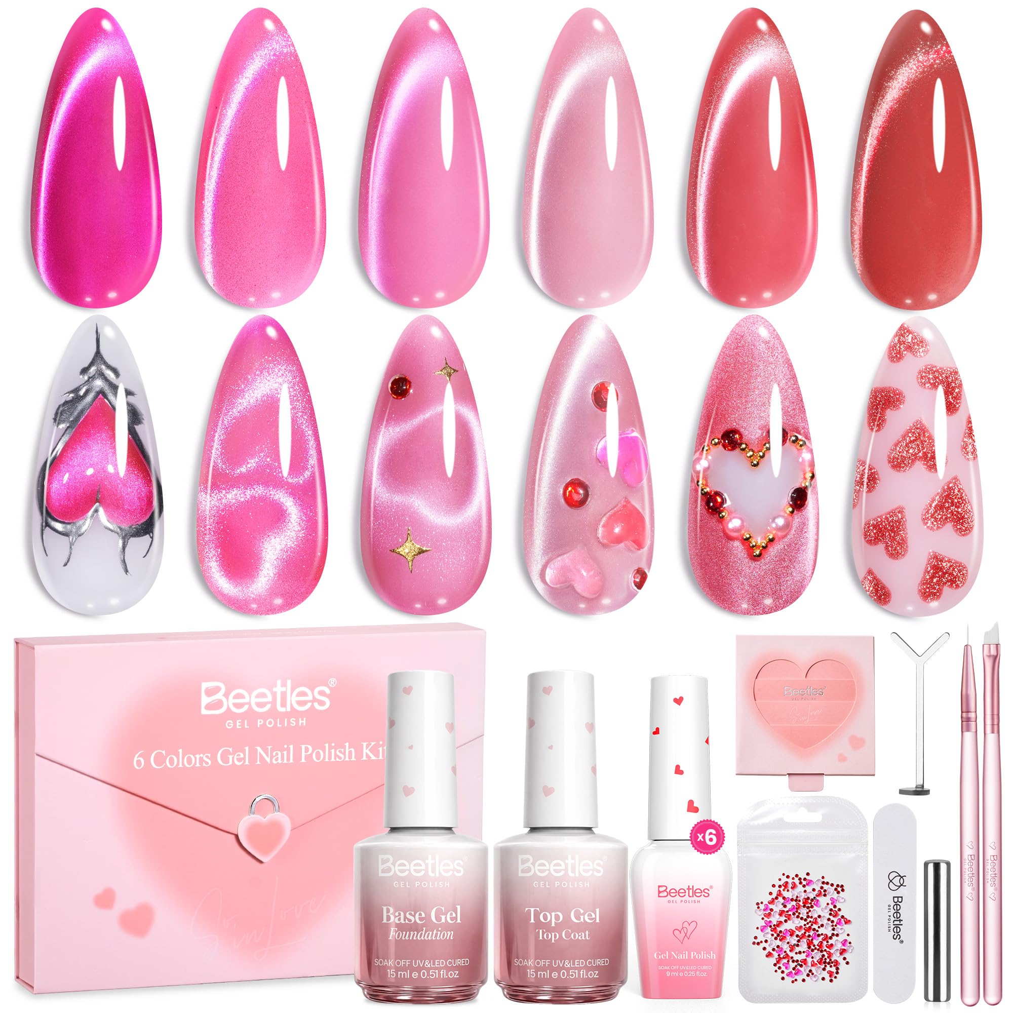 Vernis Beetles Love Signal Rose Cat Eye dans coffret romantique prêt pour la Saint-Valentin.