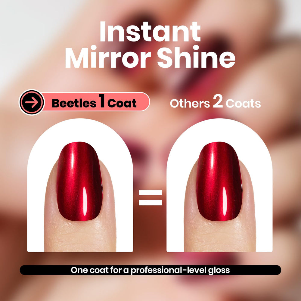 Manucure Beetles chrome rouge: éclat miroir pour ongles remarquables.