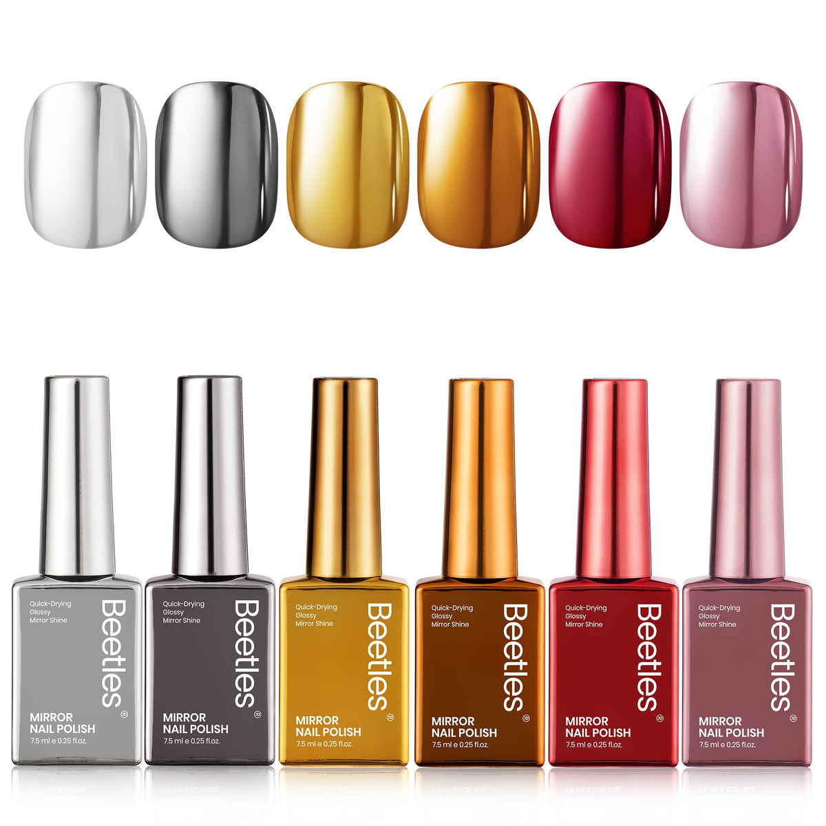 Beetles Mirror Nail Polish Set front bottle shows silver chrome shine for bold nails.