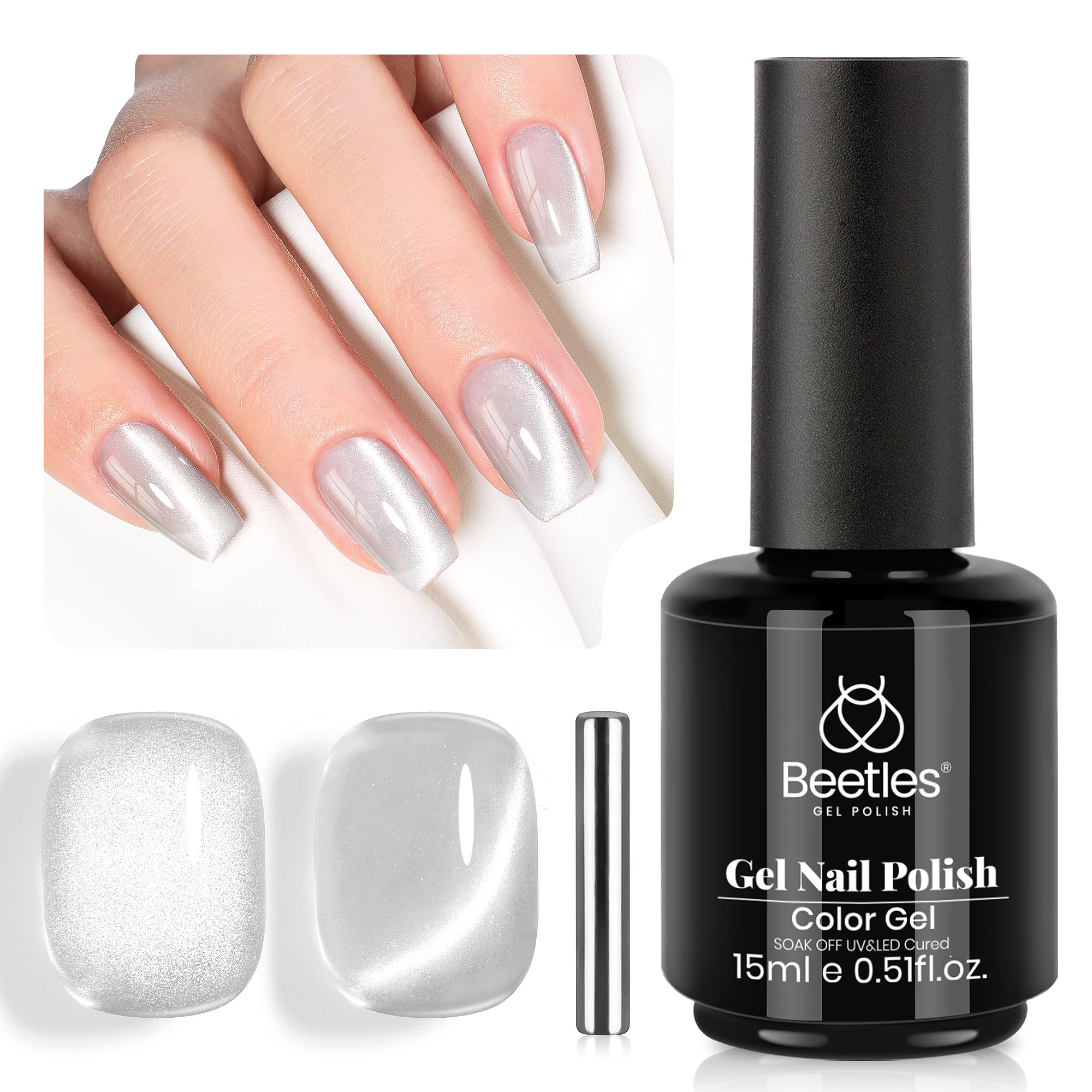 Beetles oeil-de-chat argente bouteille: finition glamour et longue tenue.