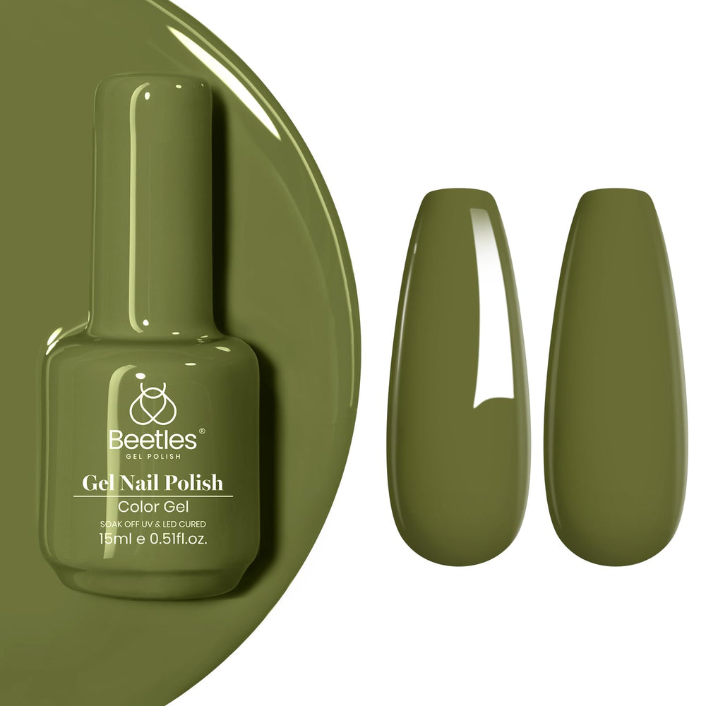 Beetles Vernis Gel Olive Vert en flacon, couleur tendance pour une manucure durable.