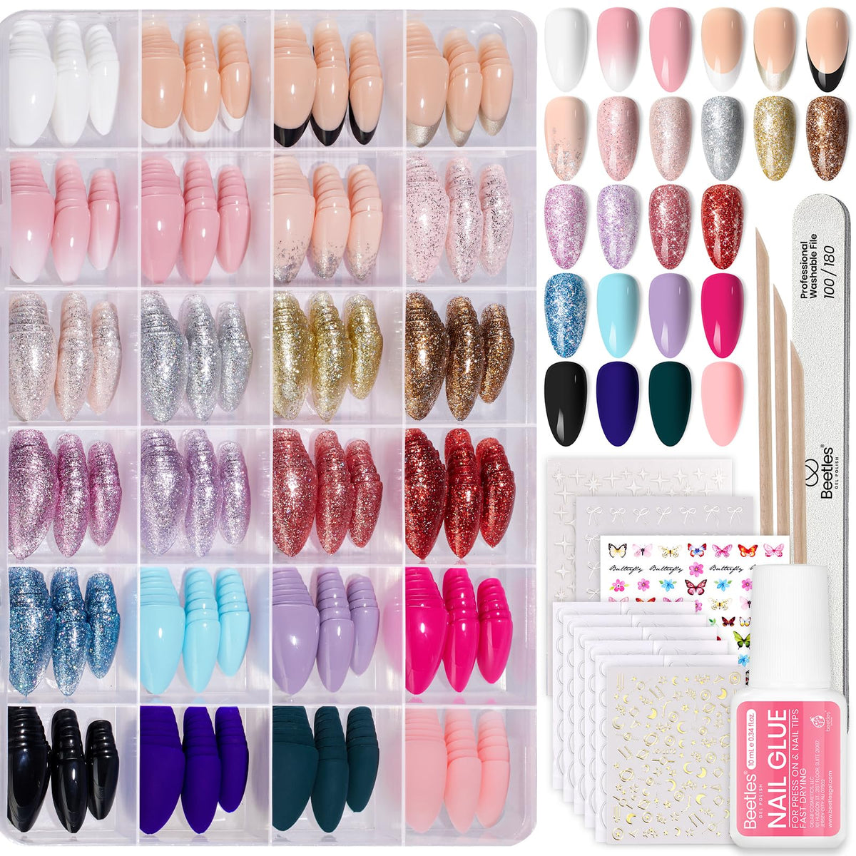 Beetles kit ongles à poser – vue d’ensemble des 24 couleurs pour une manucure rapide