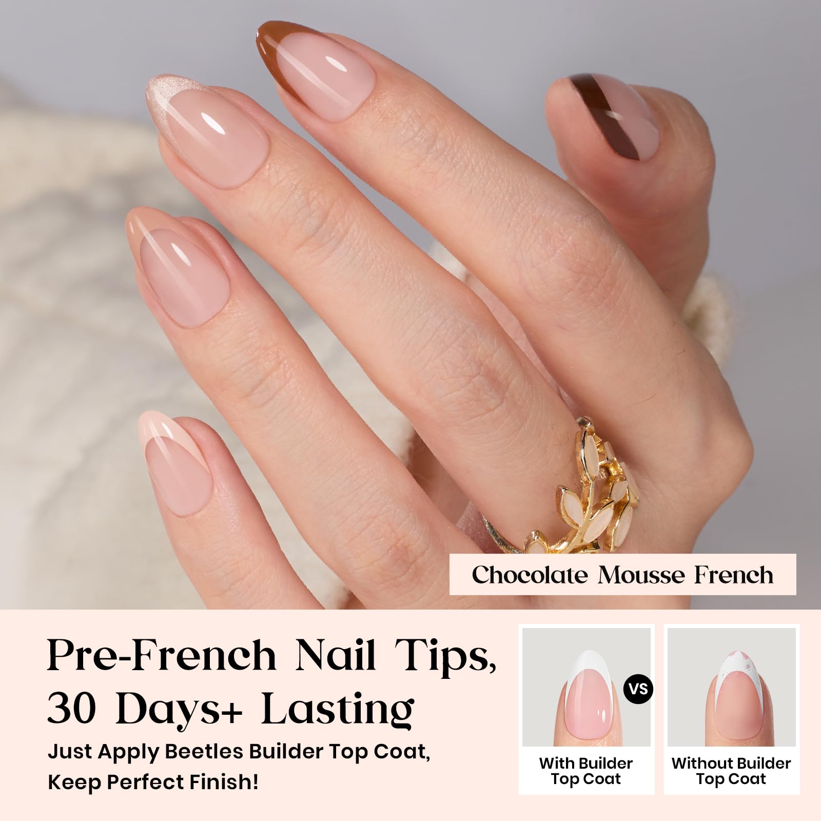 Beetles design nude et French tip préconçus pour rendu salon.