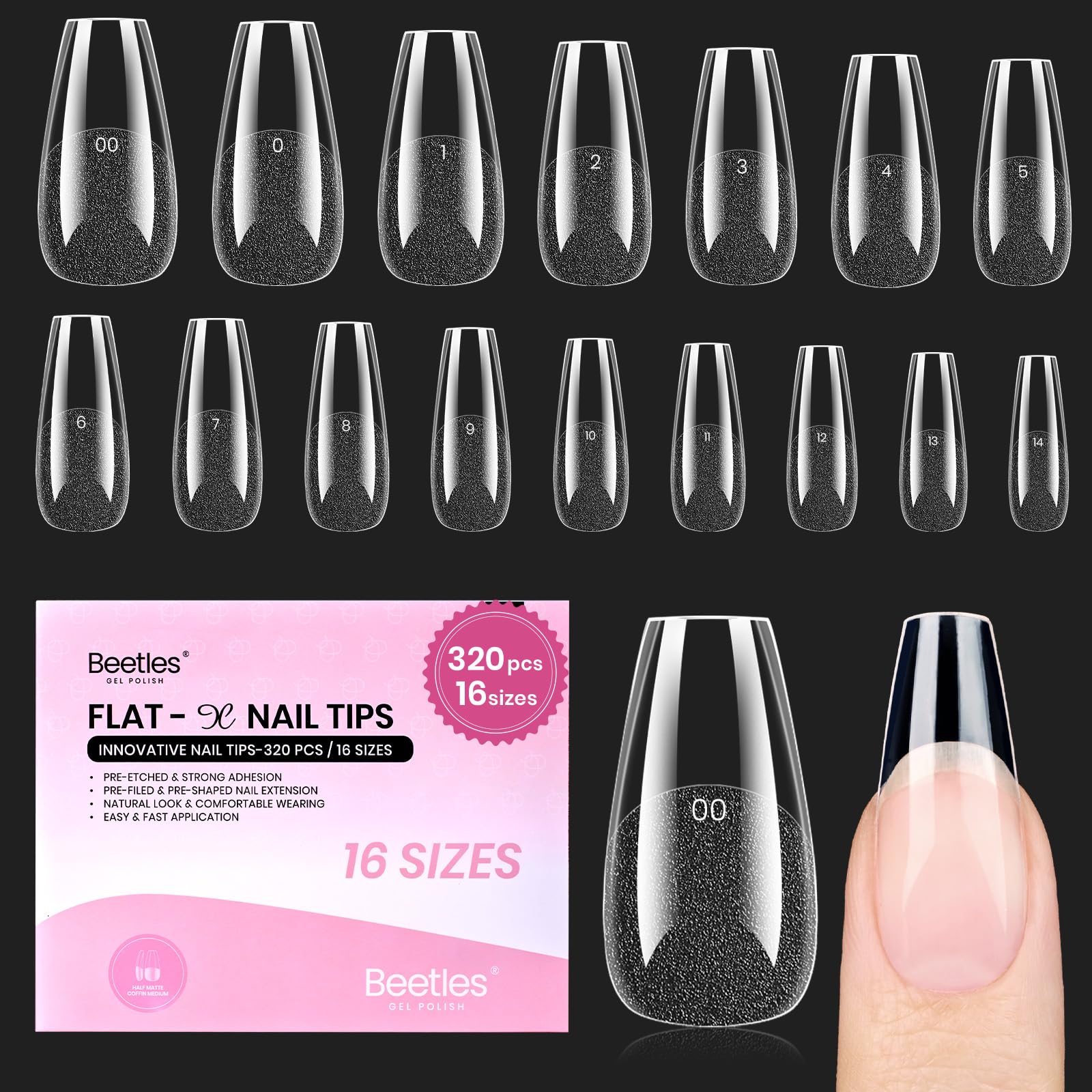 Beetles Flat-X Coffin Medium, 320 pièces, ajustement fiable pour ongles plats
