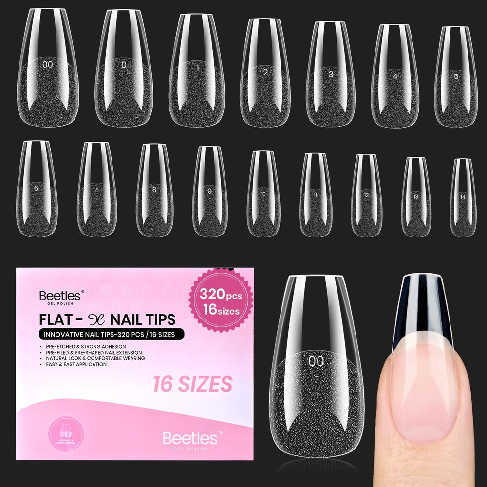 Beetles Flat-X Coffin Medium, 320 pièces, ajustement fiable pour ongles plats